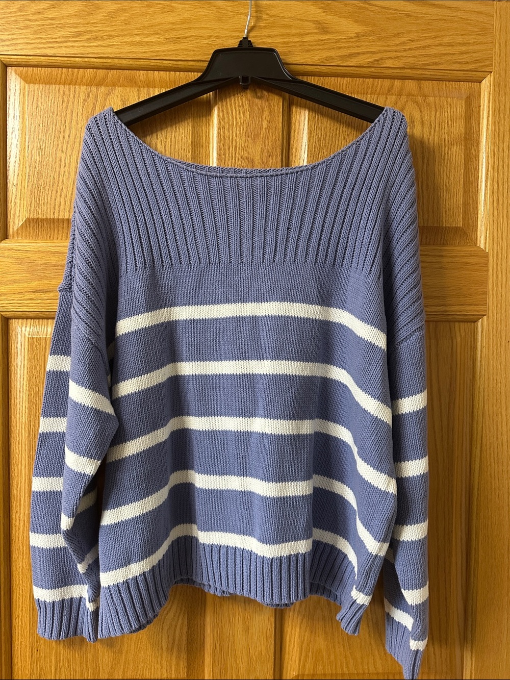 Lucky Brand Lavender and White Off-the-Shoulder Striped Sweater